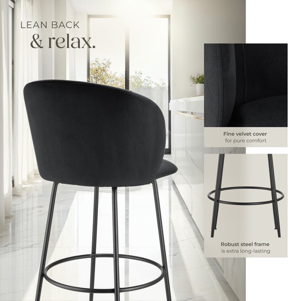 image 1 of Bar Stool Luana - with backrest, velvet look and padded | Black | black/black | 60 x 51 x 106 cm | 2