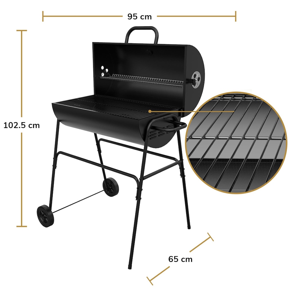 image 1 of House of Home BBQ Barrel Charcoal Grill with Lid Thermometer, Portable Trolley Smoker, Wheels