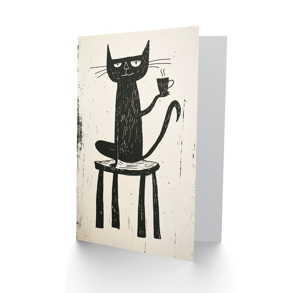 image 1 of Cat Lover Drinking Coffee Black Cartoon Birthday Card
