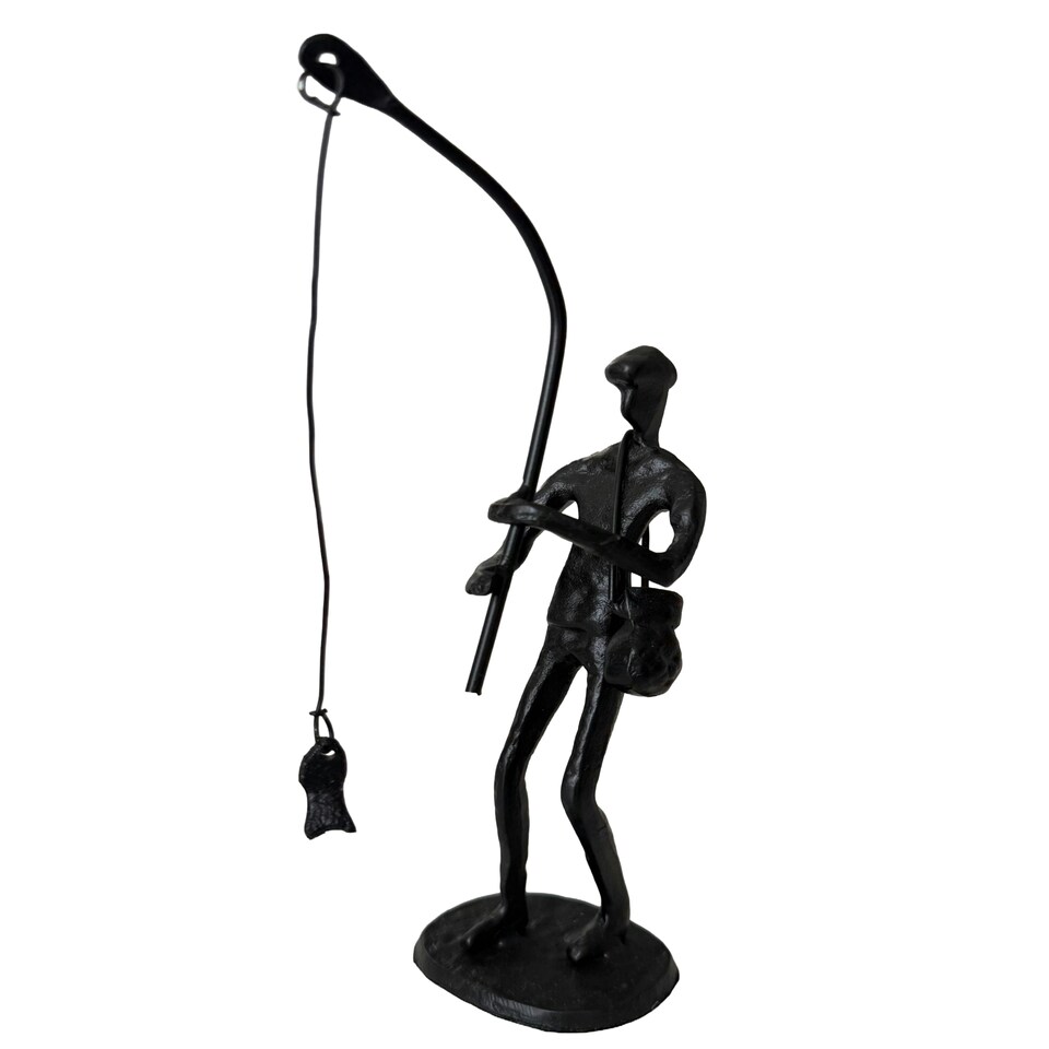 image 1 of Metal Sculpture off a Man with a Fishing Rod Reeling in his Catch Rustic Figurine Hobby Gift Sweet Memories Grandfather Father Son Vintage Decor Gift Present