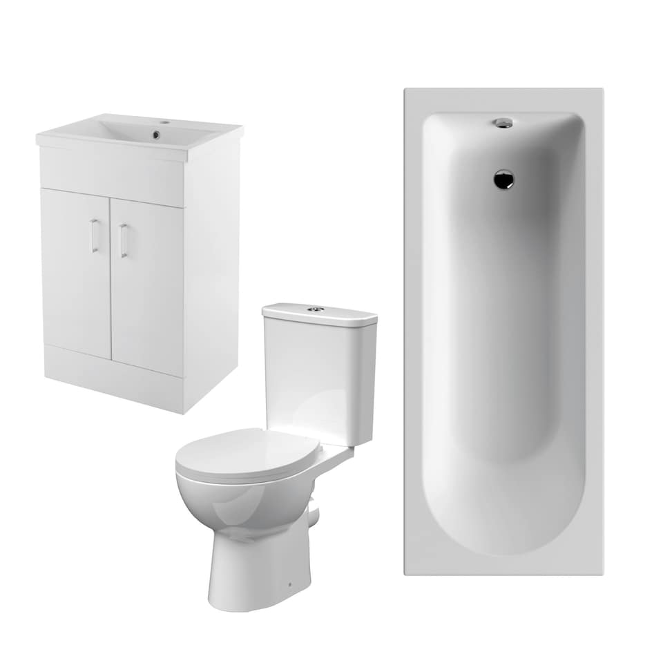 1700mm Bathroom Suite with Round Single Ended Bath Tub, Front Panel, 500mm Vanity Basin Unit and Toilet and Seat - Gloss White White