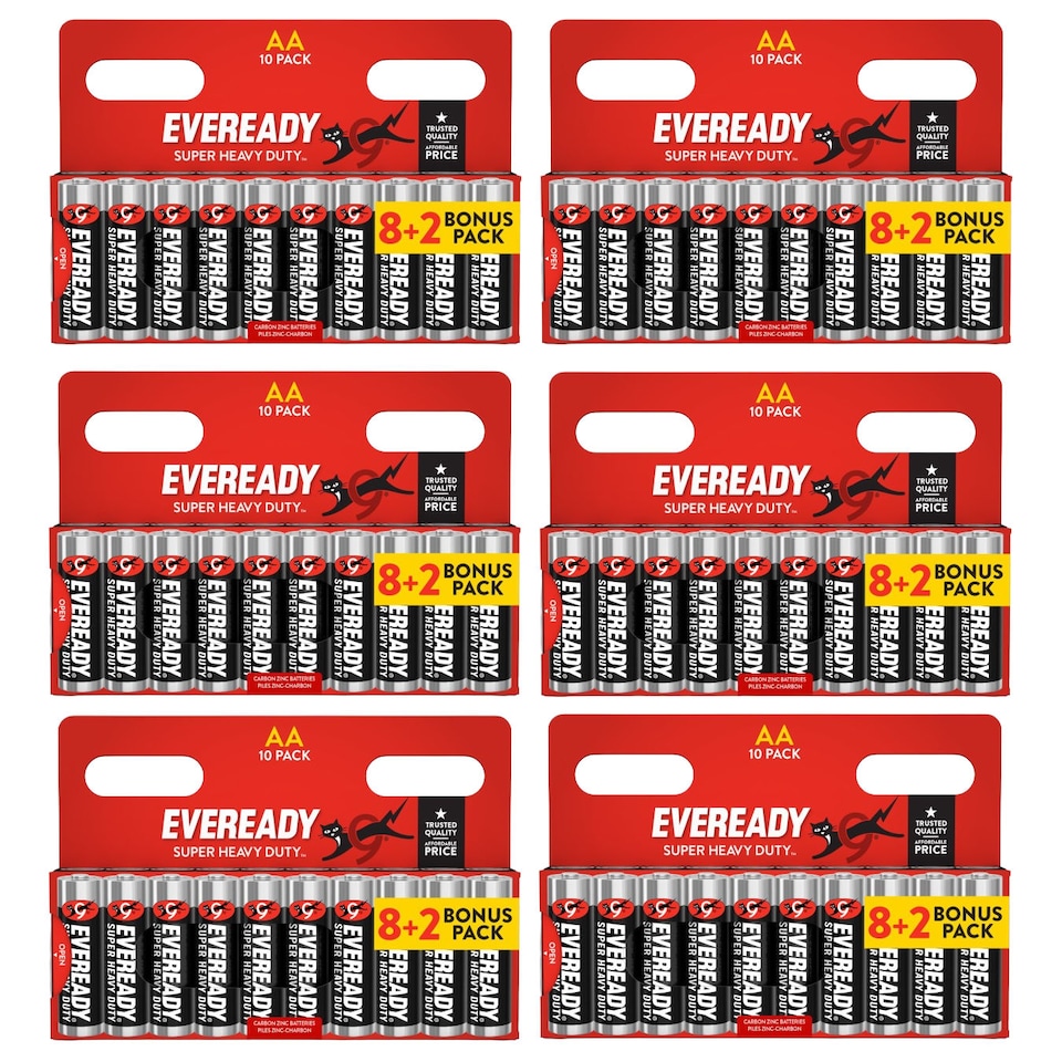 6x Eveready Super Heavy Duty AA Zinc Batteries - Pack of 10 (60x Batteries in total)