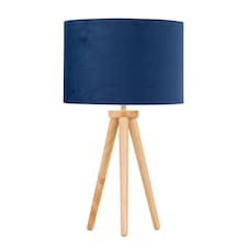 Voyage - Light Oak Table Lamp or Bedside Light with Blue Velvet Shade | Brown | Blue | Large | 1