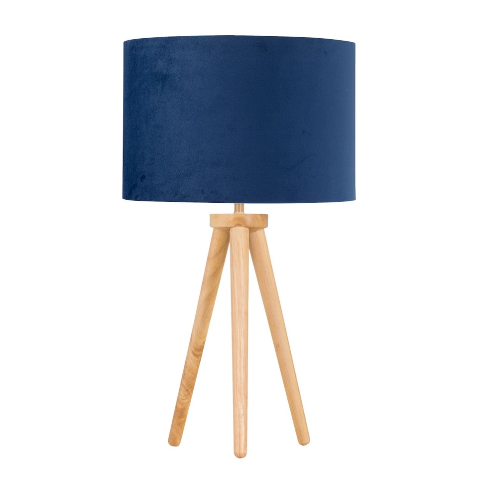image 1 of Voyage - Light Oak Table Lamp or Bedside Light with Blue Velvet Shade | Brown | Blue | Large | 1