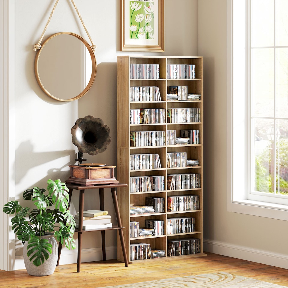 image 1 of HOMCOM 640 CD360 DVD Storage Unit, Blu-ray Media Storage Shelf with 18 Compartments and 14 Adjustable Shelves, CD Tower for Living Room, Bedroom, Office, Nature Wood Finish | Brown