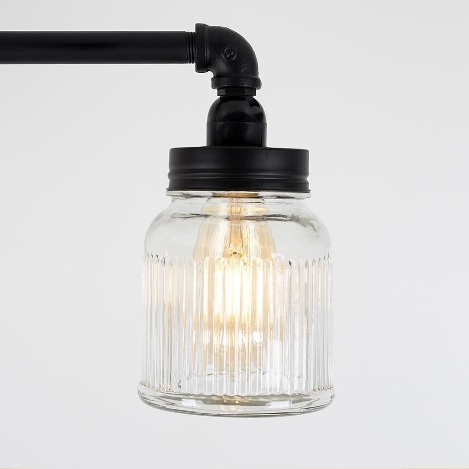 image 1 of ValueLights Luiggi 3 Way Black Ceiling Bar Light Clear Ribbed Glass Shades