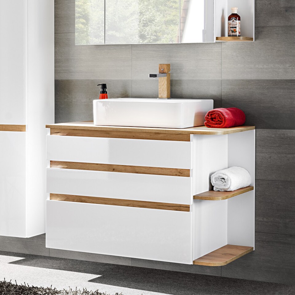 image 1 of Plat Bathroom Vanity Unit, Oak Countertop - White Gloss W940xH635mm