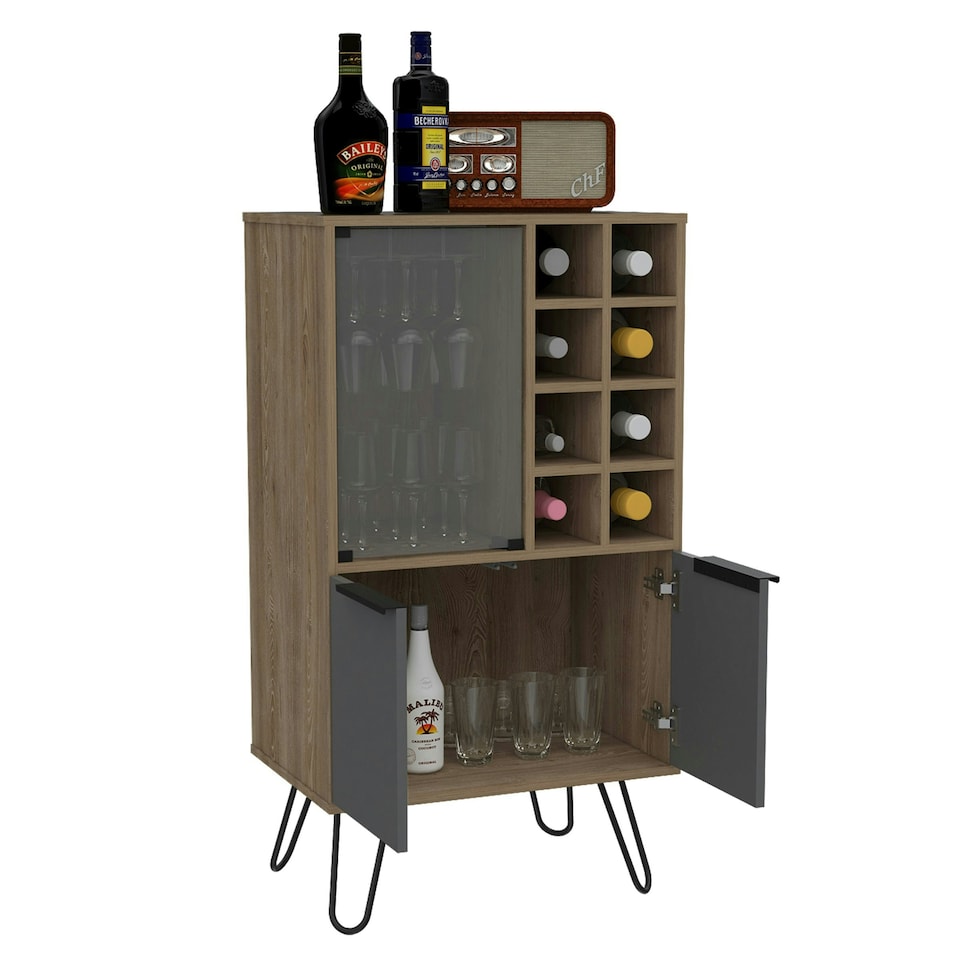 image 1 of Vegas Grey with Bleached Oak Effect Wine Cabinet - 2 Doors and 1 Glass Door with Push-Open Design | Brown | Brown | 1