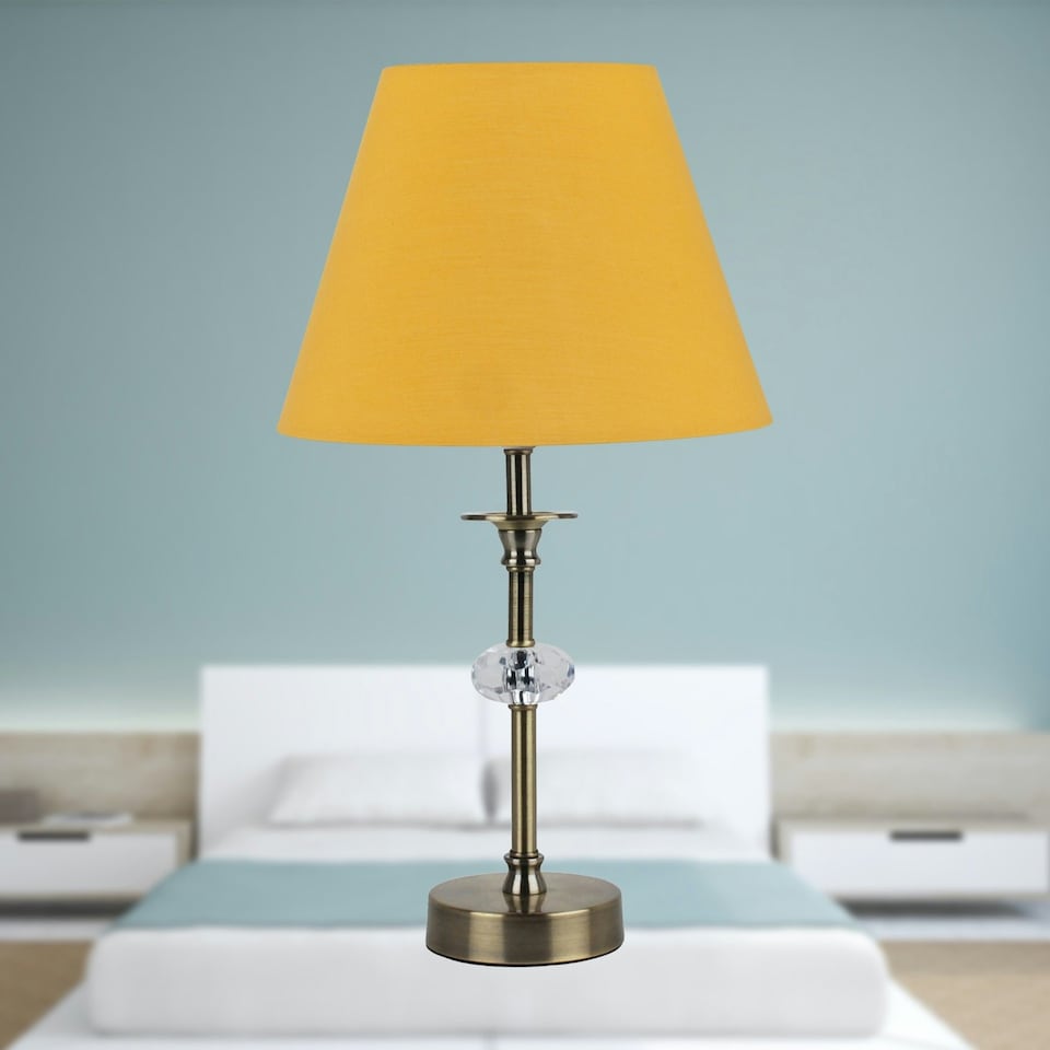 image 1 of Antique Brass Table Lamp with Facet Detail and Ochre Shade Bronze | Red