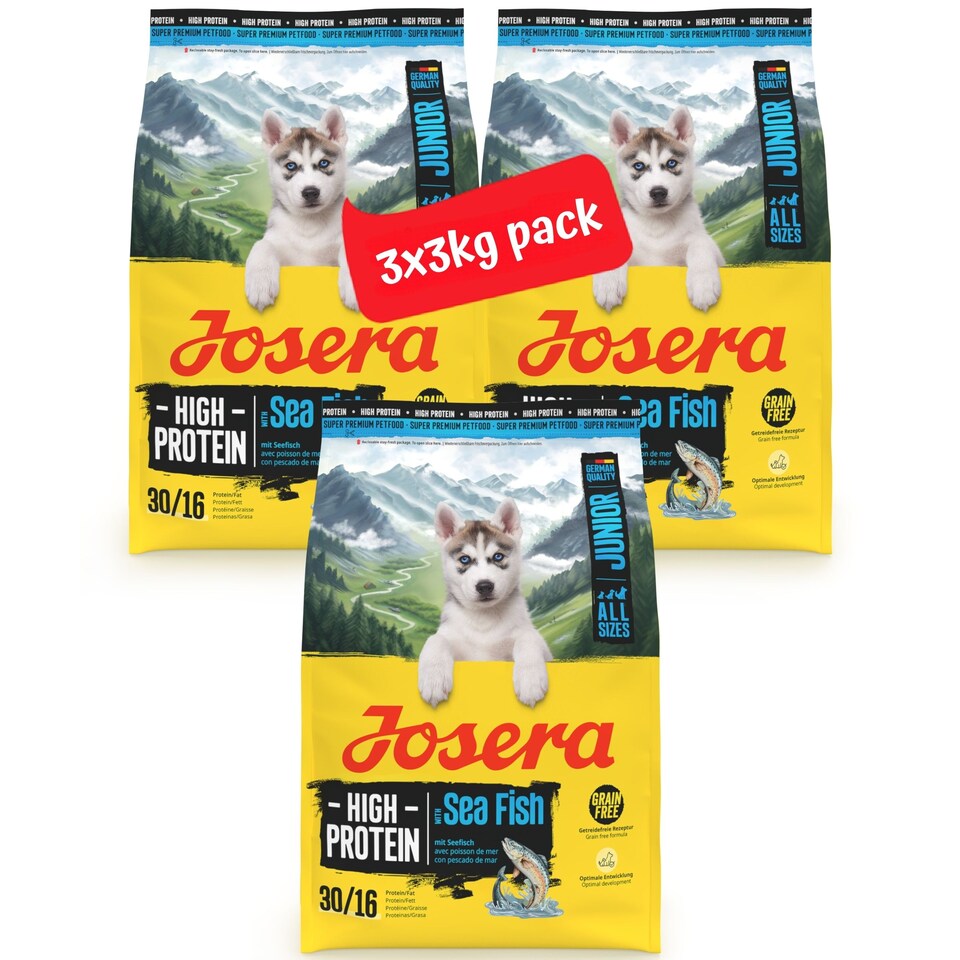 image 1 of Josera High Protein Junior Sea Fish complete dry food | For active puppies & young dogs | All breeds | Grain-free | Lots of Salmon & Lamb | 3x3kg
