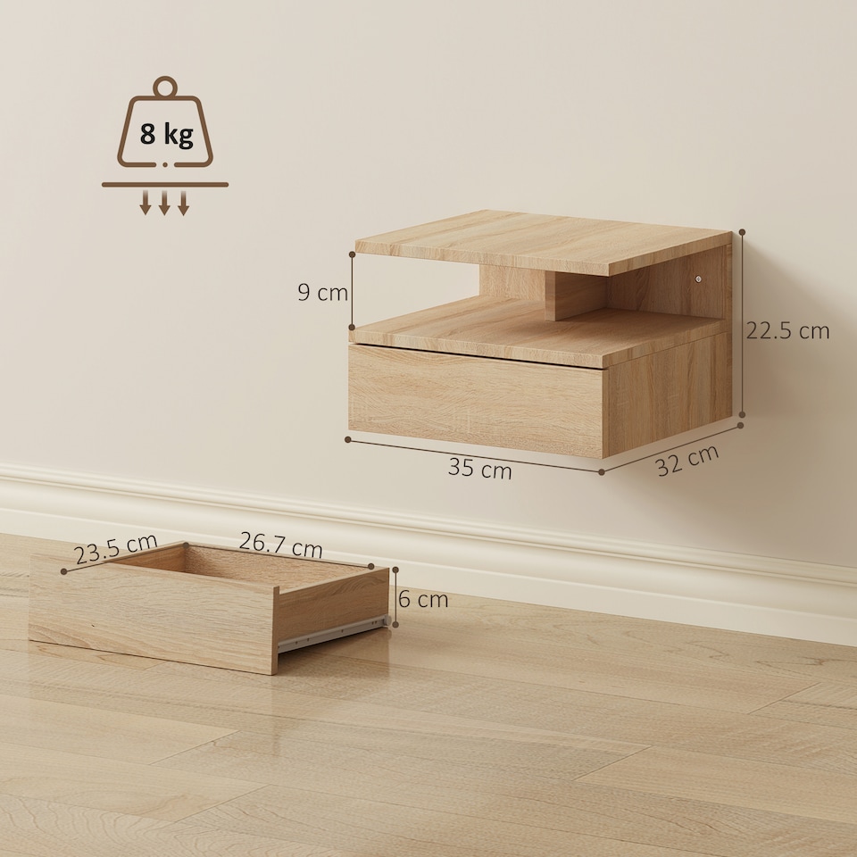 image 1 of HOMCOM Modern Nightstand Set of 2, Wall Mounted Bedside Cabinet, Oak | Brown | Oak | 35W x 32D x 22.5H cm
