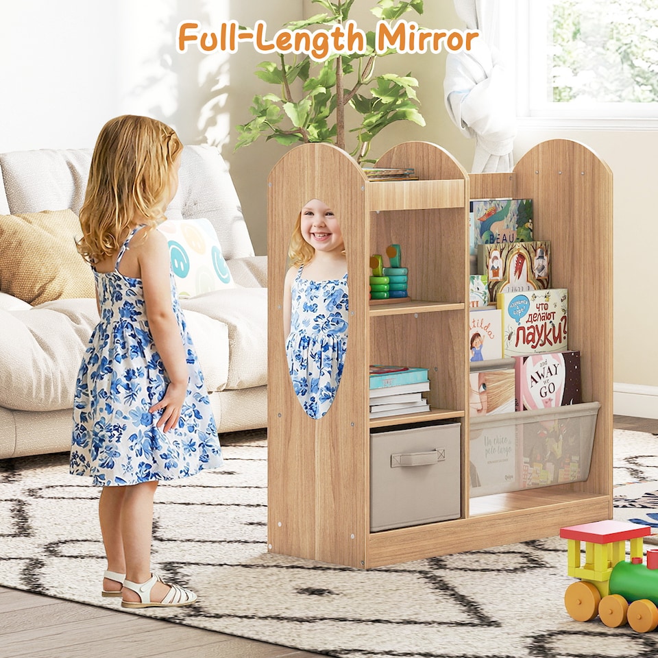 image 1 of COSTWAY Kids Bookshelf Mirror Toy Storage Organizer with Full-Length