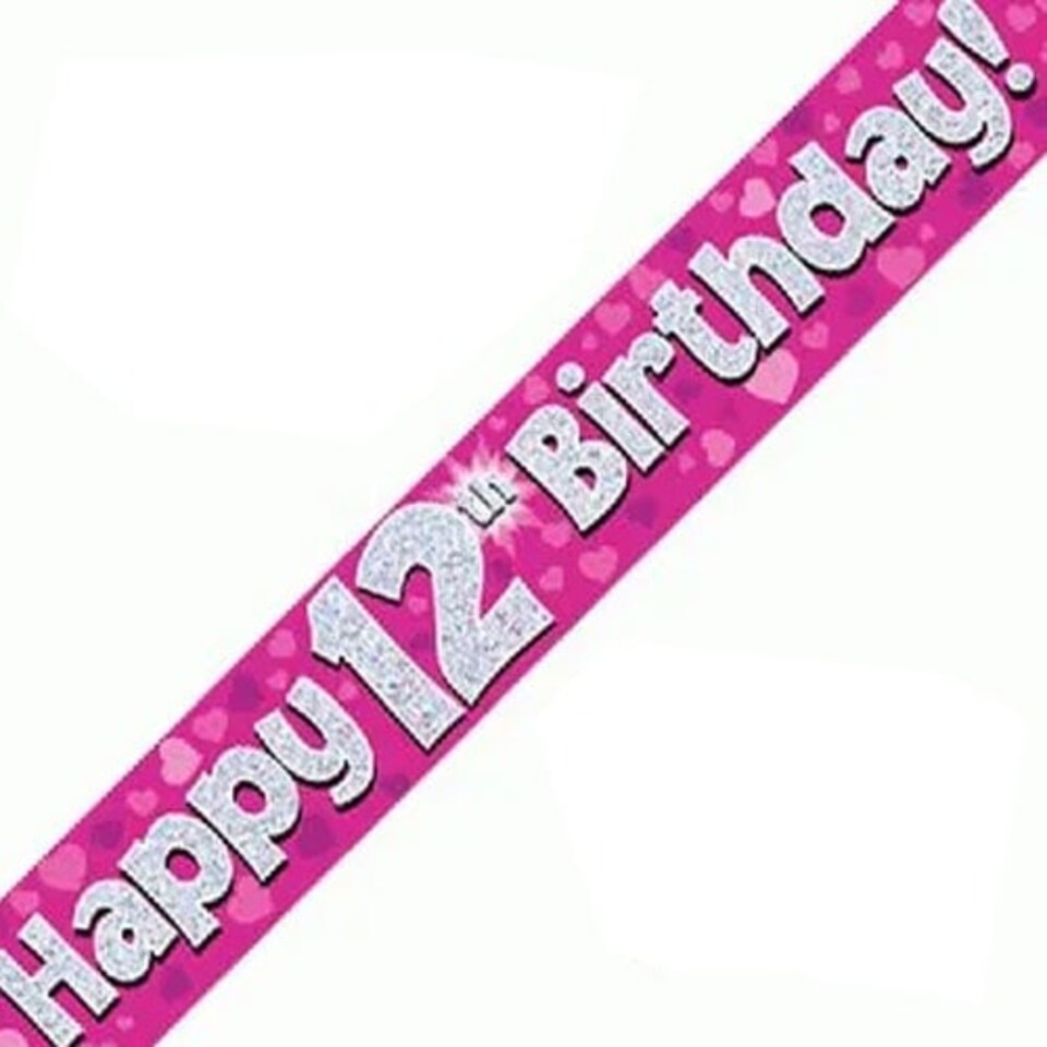 Pink Happy 12th Birthday Holographic Foil Banner 274cm
