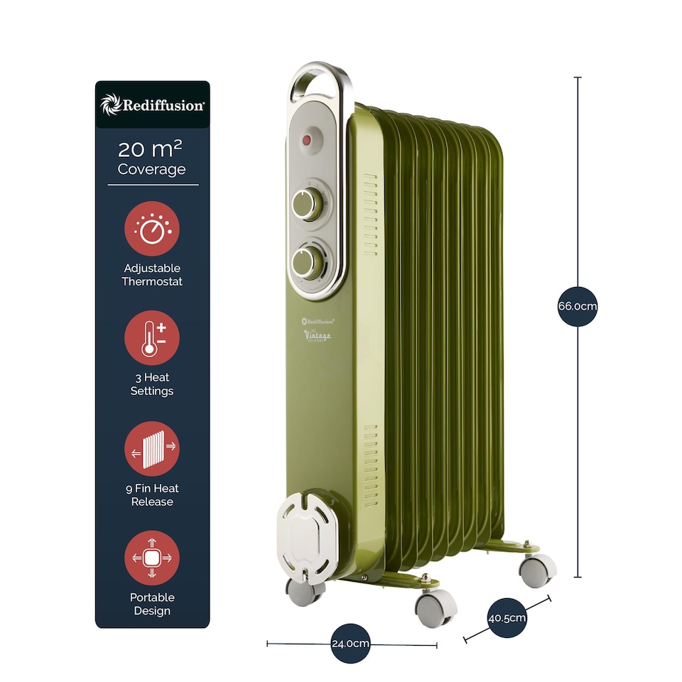 image 1 of Rediffusion Vintage 9 Fin Oil Filled Radiator 2KW Olive Green