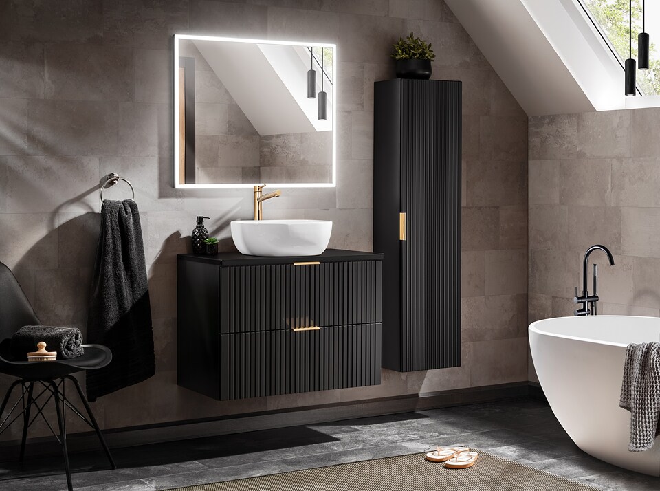image 1 of Bathroom Cabinets Furniture Set Wall Hung 800mm Vanity Unit with Countertop and Tall Storage Cabinet Black Ribbed Fluted Adel