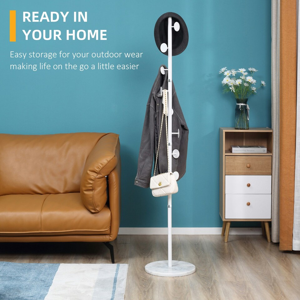 image 1 of HOMCOM Steel Coat Stand Rack Marble Base 8 Hook for Living Room Entryway,White