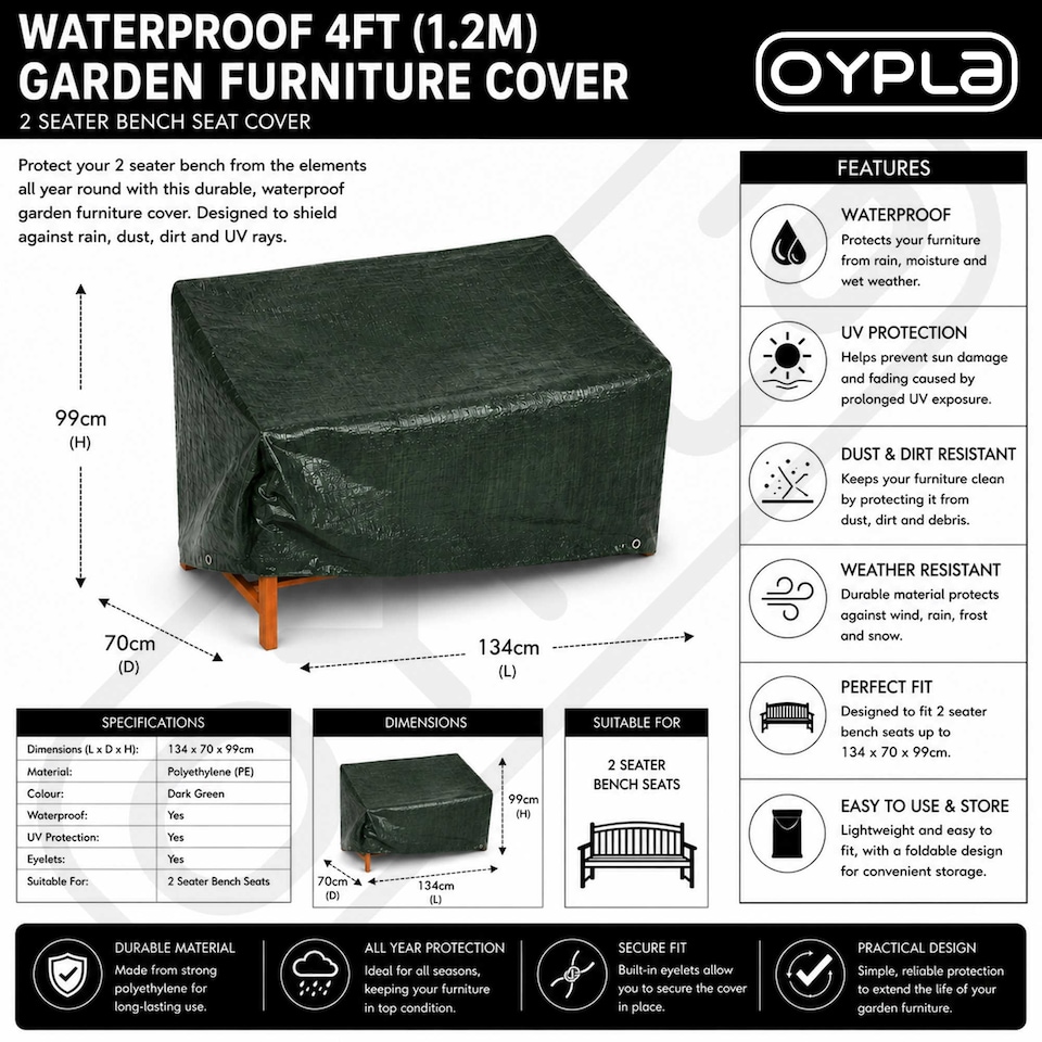 image 1 of Waterproof 4ft 1.2m Garden Furniture 2 Seater Bench Seat Cover | Green