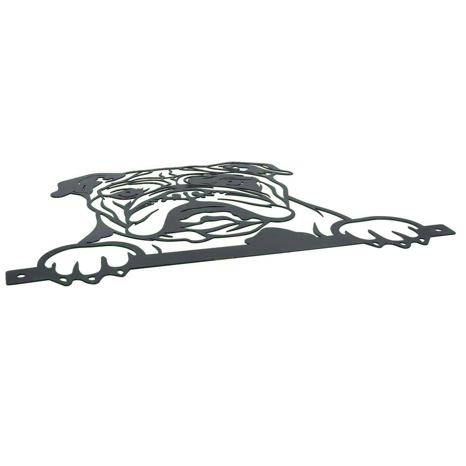 image 1 of Black Metal Peeking Bulldog Silhouette with Fixing Plate Garden Ornament Gift