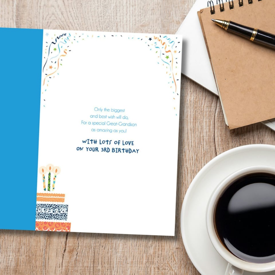 image 1 of Words 'n' Wishes 3rd Birthday Card for Great Grandson, Patterned & Foiled Letters With Birthday Cake, Multicoloured, 23.5 x 16.5 cms