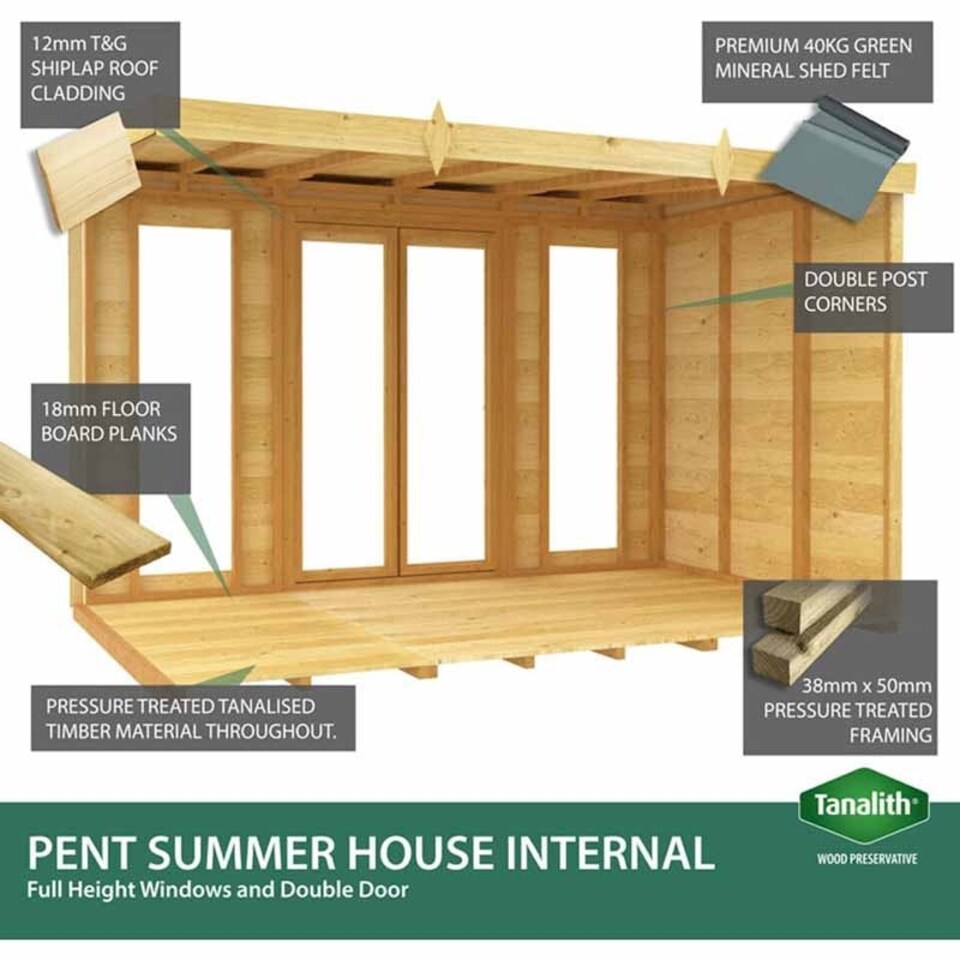 image 1 of 12ft x 4ft Pent Summer House (Full Height Window) - Wood - L118 x W358 x H201 cm Brown