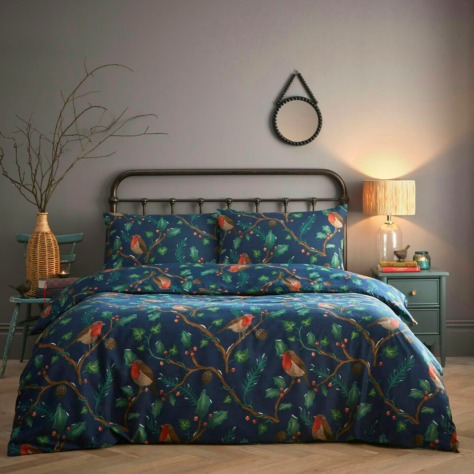 image 1 of Portfolio Home Dalby Robins Holly Soft Easy Care Bed Linen Bedding Duvet Cover Quilt Set With Pillow Case Blue | Single