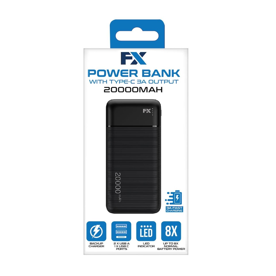 image 1 of FX 20000 mAh Powerbank with Type-C 3A Output, Black | Black