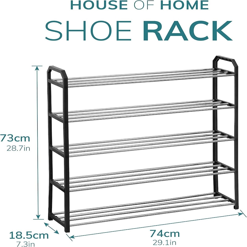 image 1 of House of Home 5 Tier Shoe Rack Freestanding Metal Rail Stand 15-20 Pairs | Black