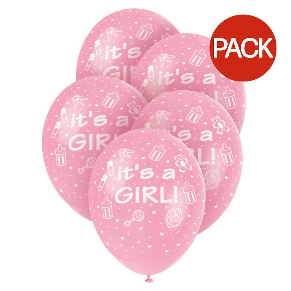 image 1 of Unique Party Its A Girl Latex Baby Shower Balloons (Pack of 5) - Pink/White - One Size