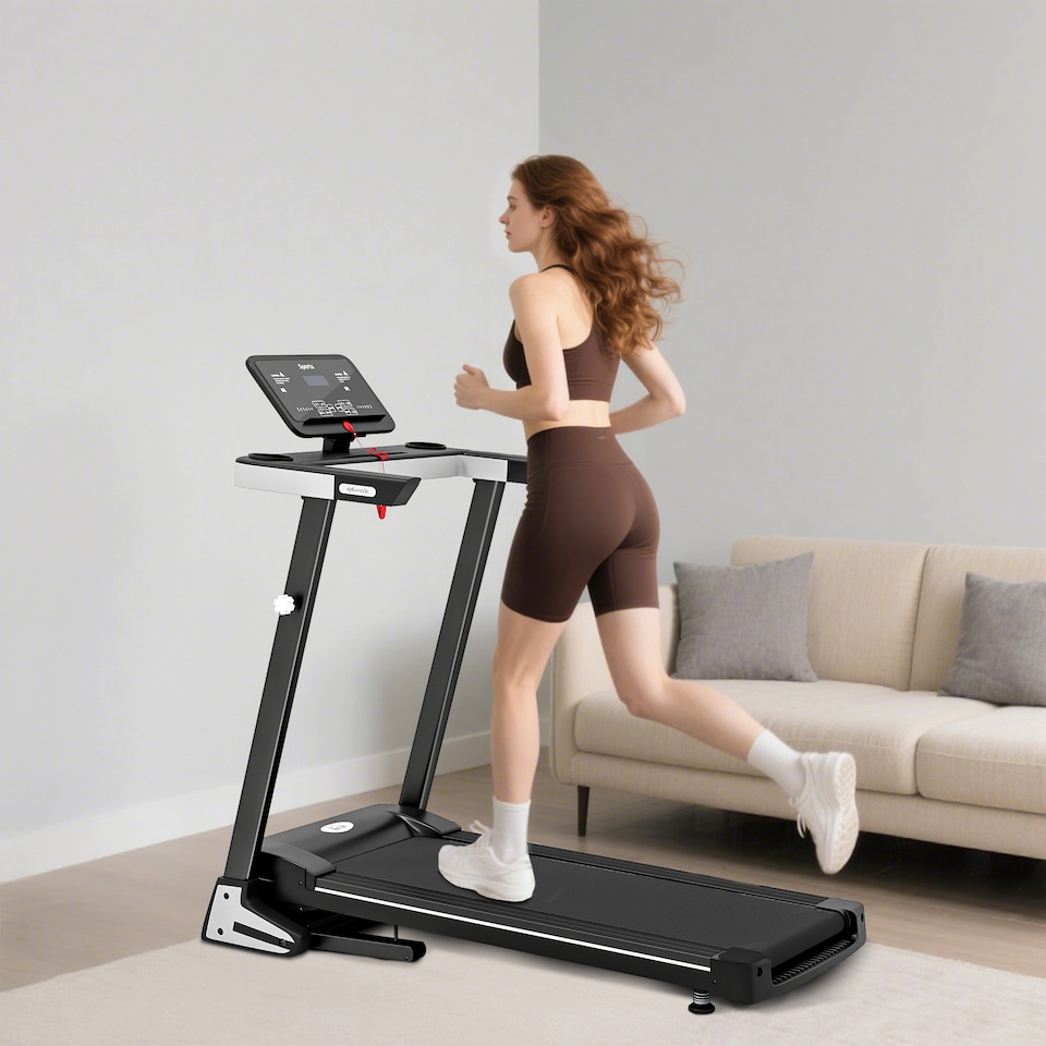 image 1 of HOMCOM 2HP Motorised Treadmill 1-12km/h Folding Frame w/ Wheels Preset Programs | Black | Black