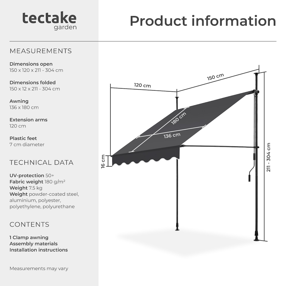 image 1 of Awning with hand crank - pressure fitted , height adjustable | Black | black/grey | 150 x 180 cm | 1