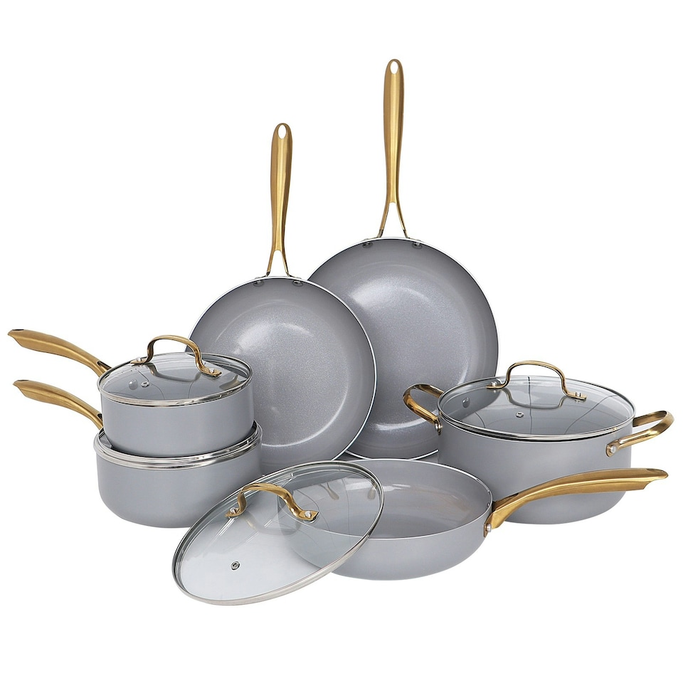 image 1 of Grey Gold Induction 10 Pc Cookware Set Non Stick Frying Pan Saucepan Cooking Pot