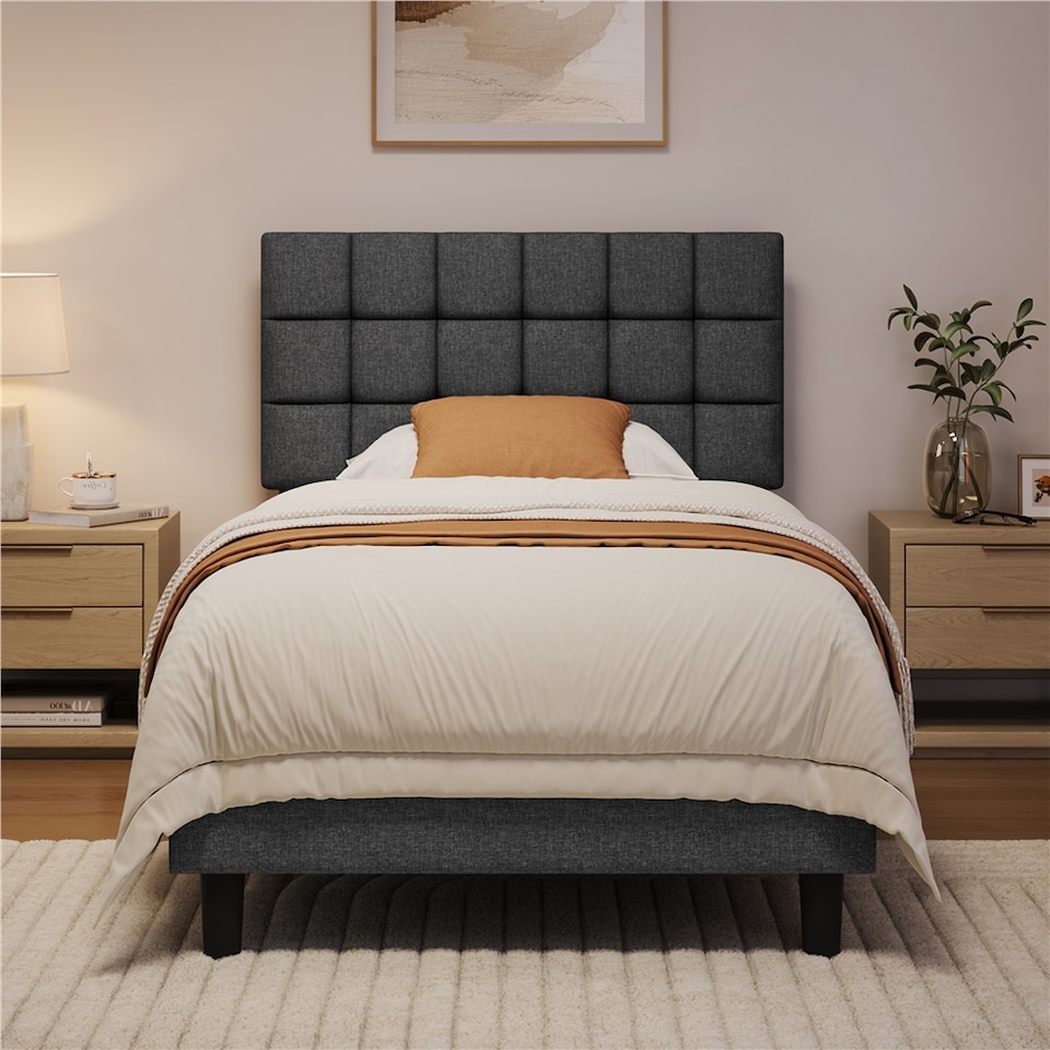 image 1 of Yaheetech 3ft Single Upholstered Bed Frame with Square Tufted Headboard-Light Grey