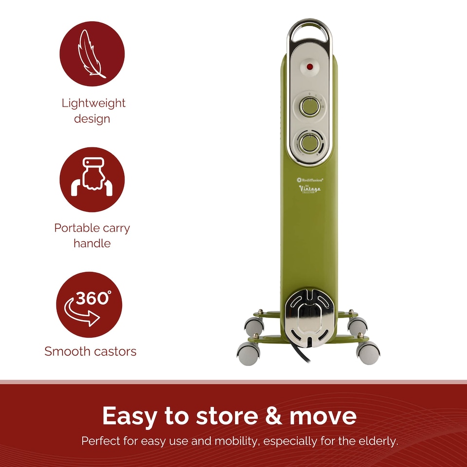 image 1 of Rediffusion Vintage 9 Fin Oil Filled Radiator 2KW Sage Green