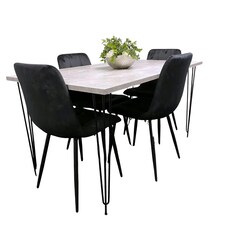 Grey Dining Table with Hairpin Legs & 4 Black Velvet Chairs Set for Kitchen & Dining Room Grey