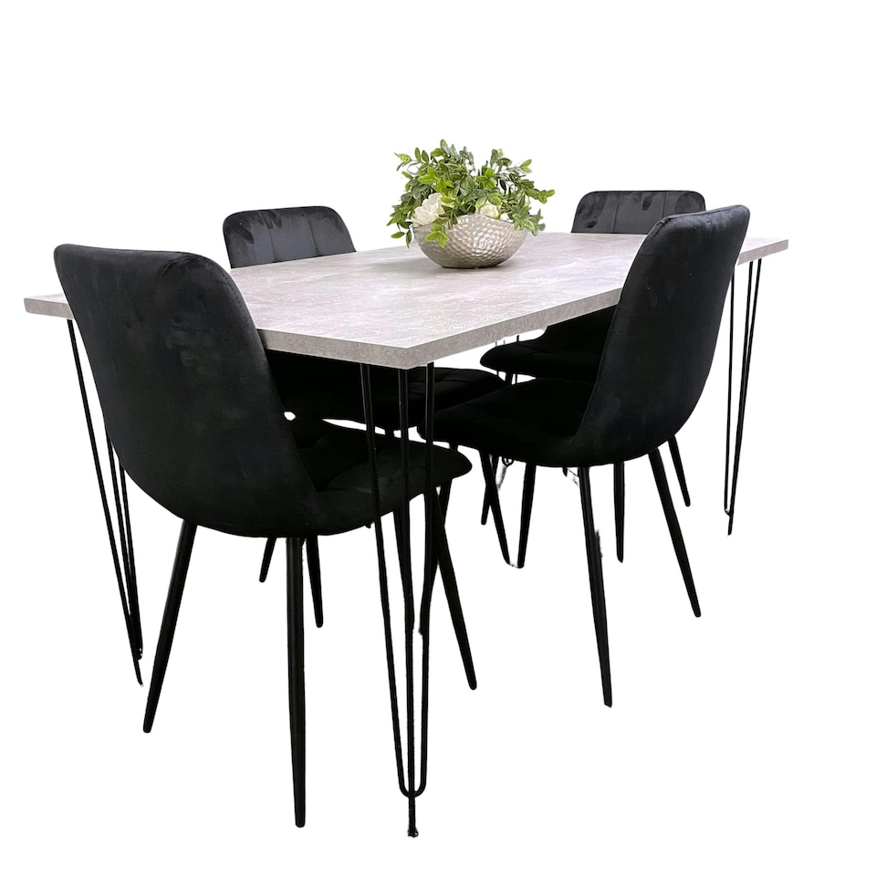 image 1 of Grey Dining Table with Hairpin Legs & 4 Black Velvet Chairs Set for Kitchen & Dining Room Grey