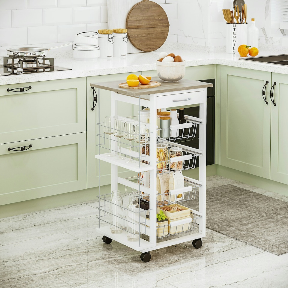 image 1 of HOMCOM Multi-Use Kitchen Island Trolley Baskets Racks Drawer Worktop Natural