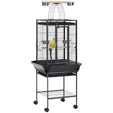 PawHut 156cm Bird Cage,Large Parrot Cage with Open Play Top, Perch, Seed Guard, Wheels, Storage Shelf for Budgie, Cockatiel, Conure, Lovebird, Dark Grey
