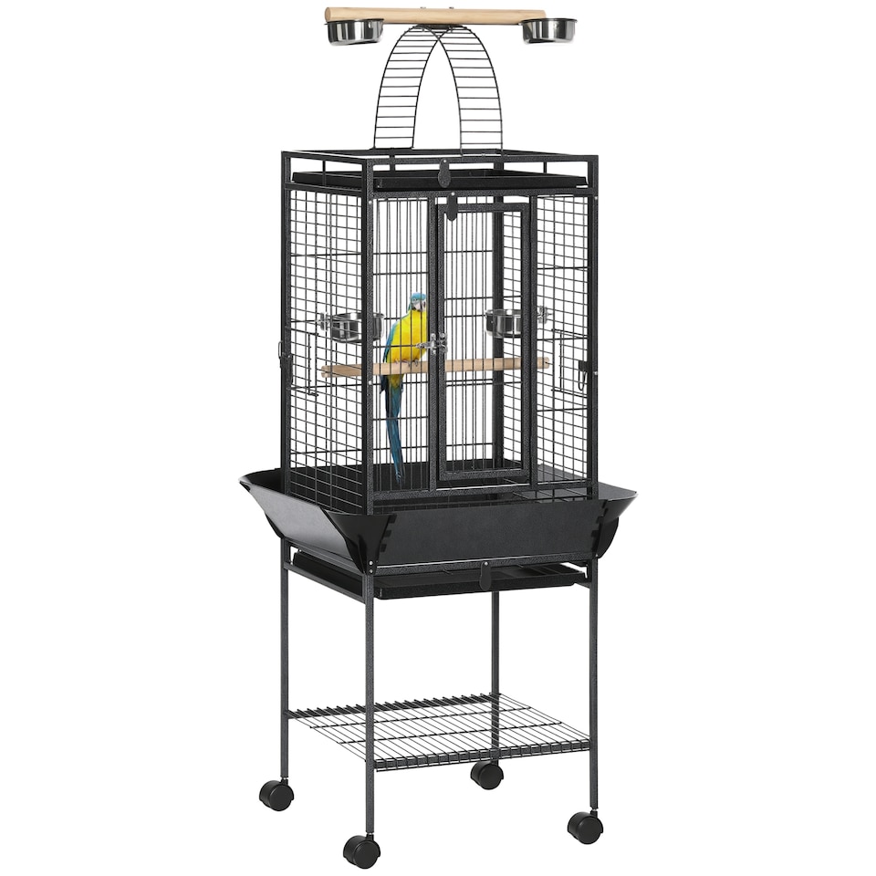 image 1 of PawHut 156cm Bird Cage,Large Parrot Cage with Open Play Top, Perch, Seed Guard, Wheels, Storage Shelf for Budgie, Cockatiel, Conure, Lovebird, Dark Grey