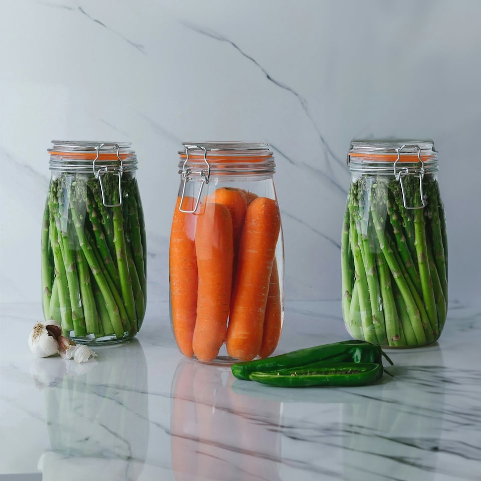 image 1 of 1.5L Pack of 3 Canisters Glass Storage Jars with Airtight Silicone Seal Metal Clip Top Lids