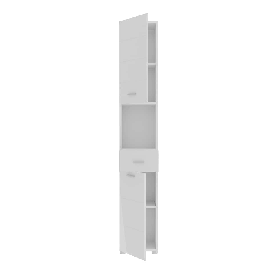 image 1 of Ice Cave Narrow Bathroom Storage Cabinet with 2 Doors & 1 Drawer with Silver Handles in White with White High Gloss Fronts