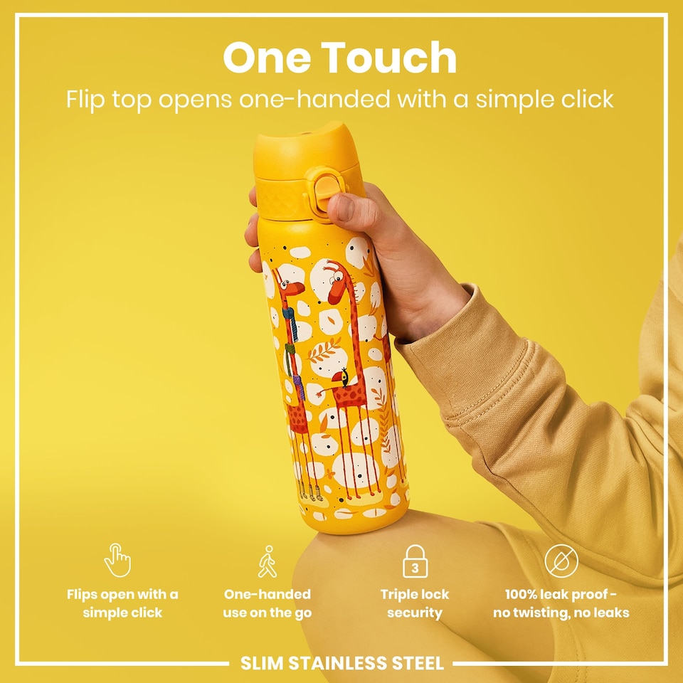 image 1 of Leak Proof Slim Water Bottle, Stainless Steel, 600ml (20oz) | Yellow | Giraffes | One Size