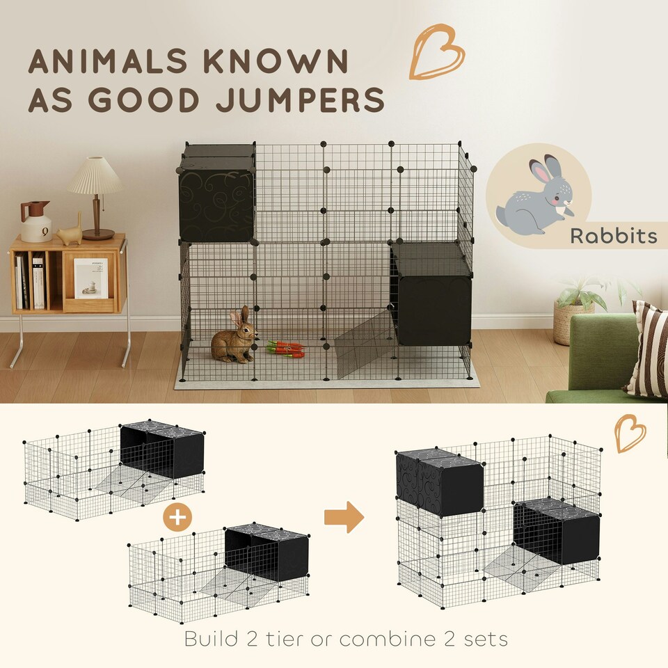 image 1 of PawHut DIY Small Animal Cage w/ Elevated Huts, for Guinea Pigs, Rabbits