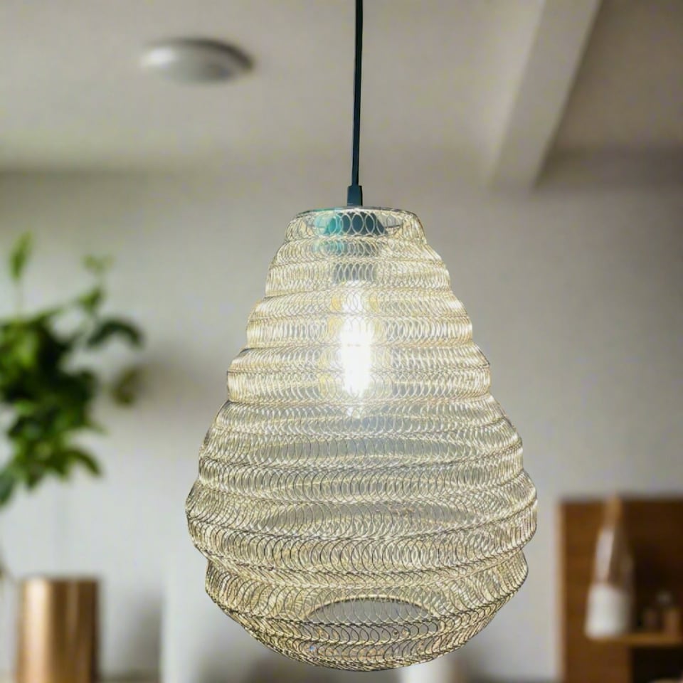 image 1 of CGC Casablanca Medium Silver Moroccan Mesh Metal Ceiling Pendant Light | Silver | Silver | Height: 34 cm Width: 30 cm Ceiling Rose Height: 150 cm