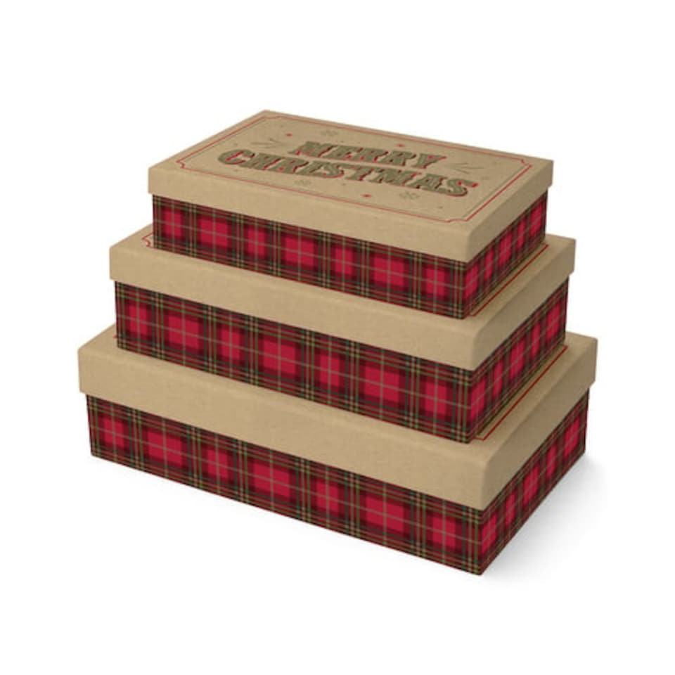 image 1 of Merry Christmas Tartan Kraft Rectangular Gift Box - Pack of 3