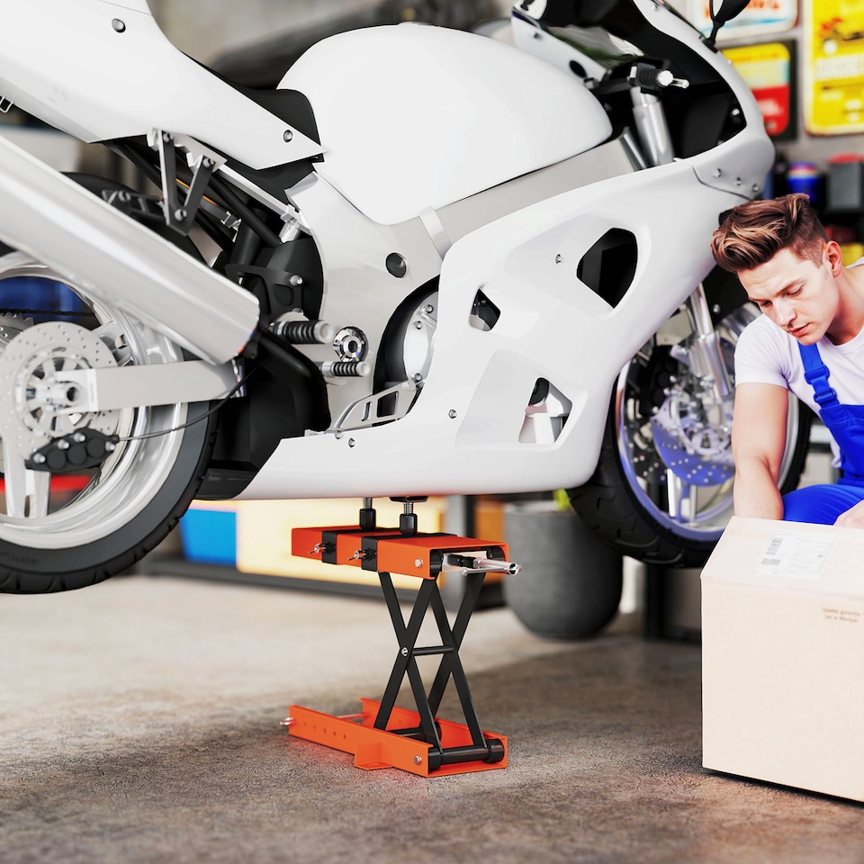 image 1 of HOMCOM 500 kg Motorcycle Scissor Lift Jack, Heavy Duty Steel Adjustable Motorbike Lifting Hoist Stand with Safety Pin, Foldable Lifter for Dirt Bike Repair Maintenance, 45x15 cm Large Platform, Orange