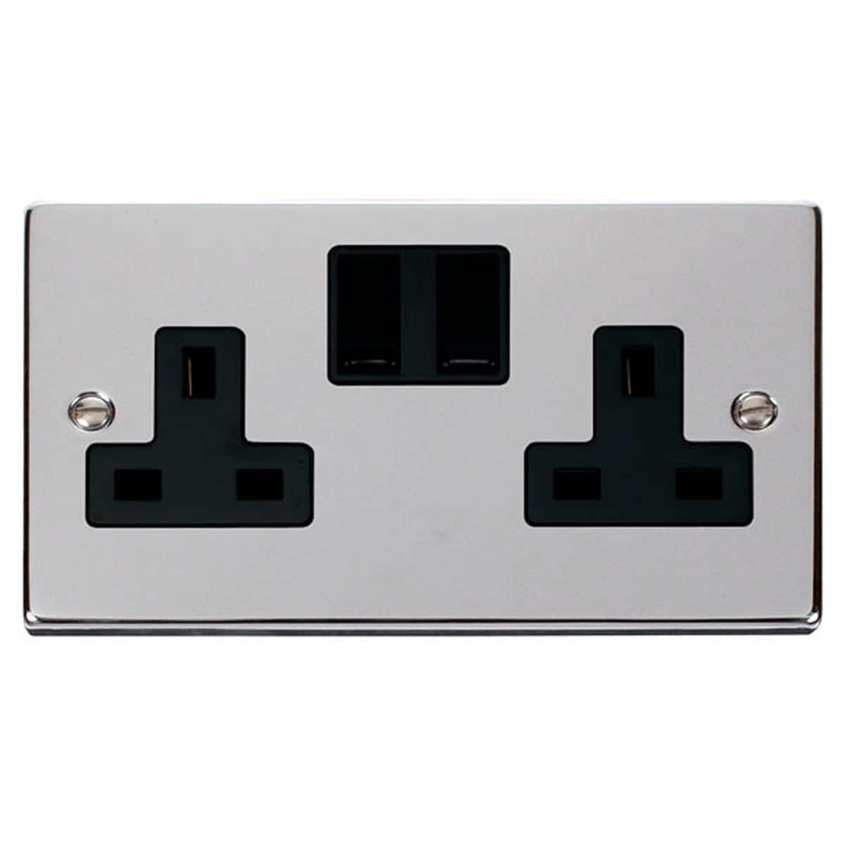 SE HOME Polished Chrome 2 Gang 13A Twin Double Switched Plug Socket Chrome Polished Chrome