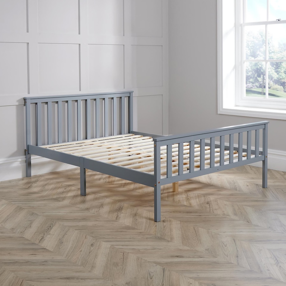 image 1 of Small Double Grey Wooden Bed 4ft Solid Pine Furniture High End Slatted Base Home