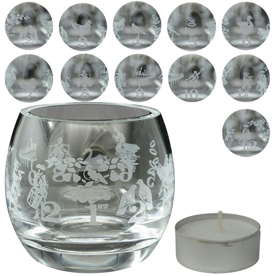 image 1 of Animo Glass Engraved Tealight Holder Small 12 Days of Christmas