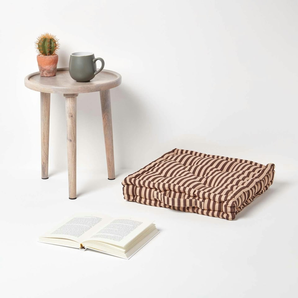 image 1 of Homescapes Cotton Brown and Beige Thin Stripe Floor Cushion - 50 x 50 cm | Cream | Beige | 50 x 50 cm