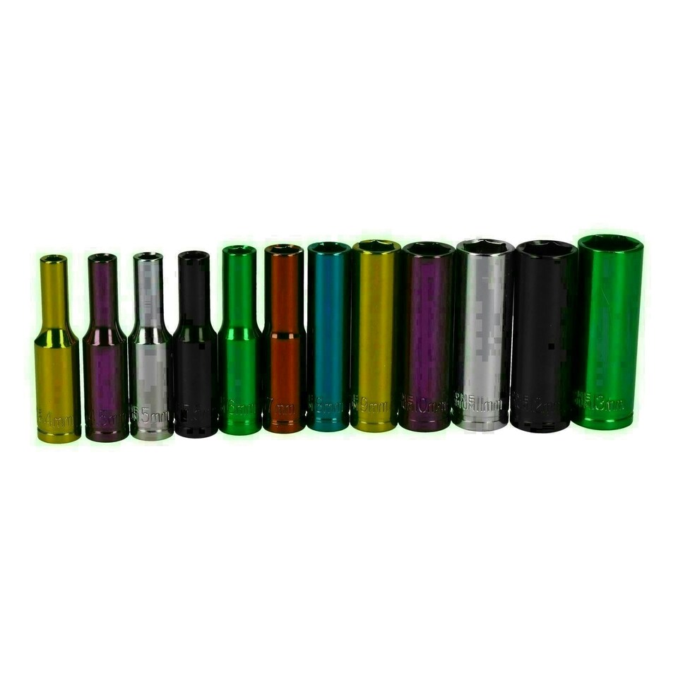 image 1 of 12pc Coloured 1/4" Dr Deep Sockets 6 Point Hex Metric 4 - 13mm With Rail
